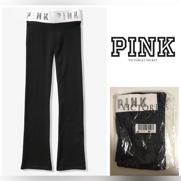 🆕VICTORIA’S SECRET PINK - S - NWT - BLACK WHITE / SILVER BLING YOGA PANTS - Picture 1 of 12